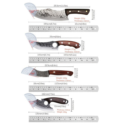 Viking Chef Knife Set 3/4pcs Hammered Stainless Steel Kitchen Knives – Boning, Utility & BBQ Knife with Wooden Handle for Cooking, Camping & Outdoor