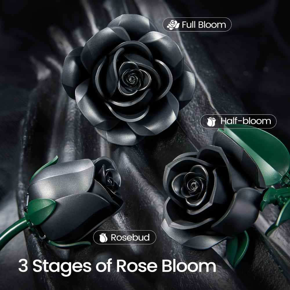 Building Block Set Black Rose Bouquet, 152-Piece Three-Flower Model with Adjustable Stems and Leaves for Display
