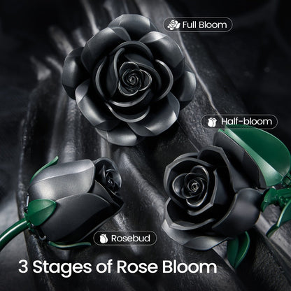 Building Block Set Black Rose Bouquet, 152-Piece Three-Flower Model with Adjustable Stems and Leaves for Display