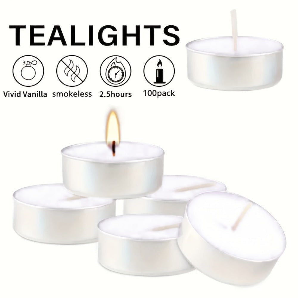 Tea Light Candles Unscented White - 49 or 99 Pack Smokeless Wax Tealights 2. Burn for Weddings, Christmas