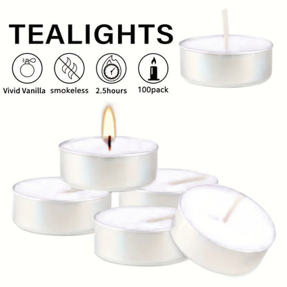 Tea Light Candles Unscented White - 49 or 99 Pack Smokeless Wax Tealights 2. Burn for Weddings, Christmas