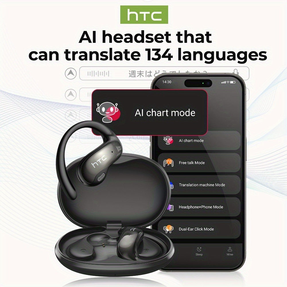 HTC NE19 Open-Ear AI Translation Earbuds with Oval Charging Case in Black, Gunmetal, Beige or Purple