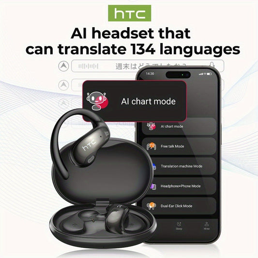 HTC NE19 AI Translation Earbuds TWS 134 Languages, Open-Ear Wireless Bluetooth 5.4 HiFi Audio, Long Battery Life Hands-Free Earphones for Travel Business Sports Casual Daily Use
