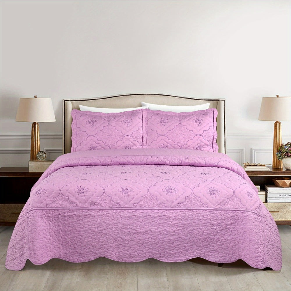 Quilt Set 3 Piece Floral Embroidery Bedspread - 100% Polyester Wrinkle Resistant Lightweight Quilted Coverlet with 2 Pillow Shams for Full Queen King Bed, Elegant Bedroom Decor in 19 Colors