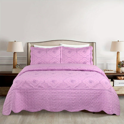 Quilt Set 3 Piece Floral Embroidery Bedspread - 100% Polyester Wrinkle Resistant Lightweight Quilted Coverlet with 2 Pillow Shams for Full Queen King Bed, Elegant Bedroom Decor in 19 Colors