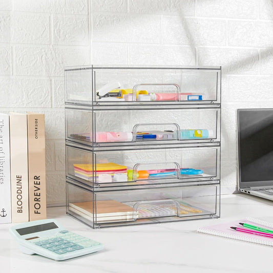Clear Stackable Desk Drawer Organizer, Acrylic Plastic Storage Bins for Office Desk Organization, Transparent Drawer Divider Bins for Home, Studio & Vanity Table, 2 or 4 Pack Wide Organizer Trays