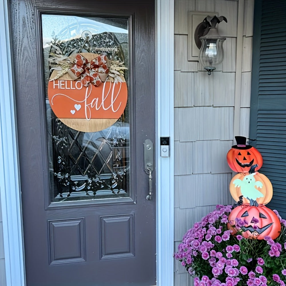 Hello Fall Pumpkin Door Hanger with Wheat Sprays, Layered Bow and 11.8-Inch Round Wood-Look Sign