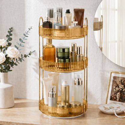 360° Swivel Makeup Organizer 3-Tier Rotating Countertop Storage Rack – Large Capacity Bathroom Dresser Vanity Organizer for Perfume, Skincare & Cosmetics, Green Amber Clear