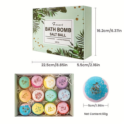 Bath Bombs, 12-Piece Extra-Large Gift Box with Assorted Colors, Labeled Scents and Forest Bath Ball Option