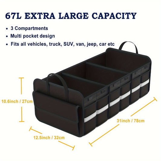 Car Trunk Organizer for SUV - Large Collapsible Multi-Compartment Storage with Non-Slip Bottom, Heavy Duty Cargo Organizer for Road Trips, Travel & Daily Use