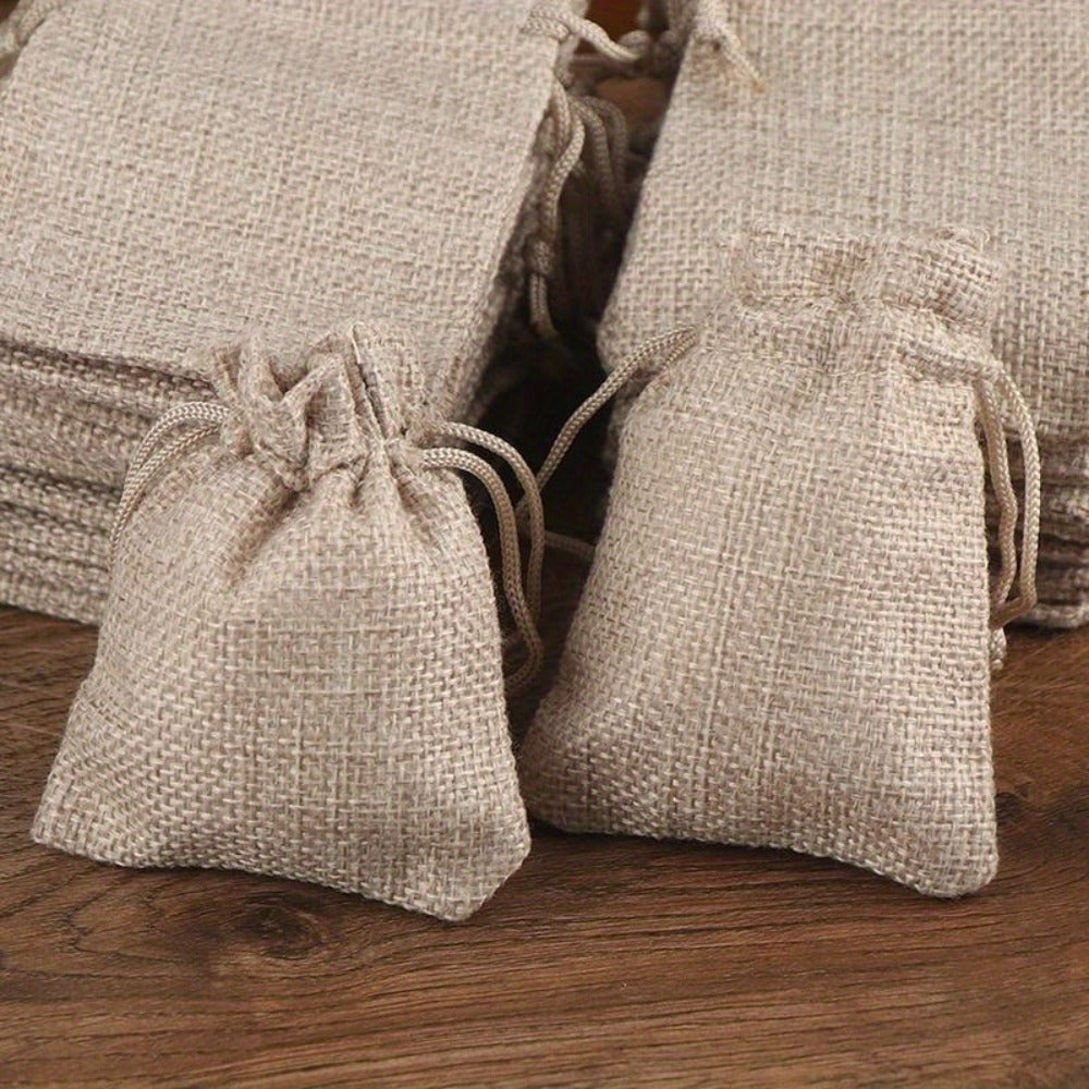 Natural Jute Drawstring Gift Bags, 50-Piece Set in 2.76 x 3.54 or 3.54 x 4.72 Inch Sizes for Favors and Small Gifts