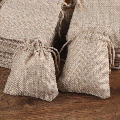 Natural Jute Drawstring Gift Bags, 50-Piece Set in 2.76 x 3.54 or 3.54 x 4.72 Inch Sizes for Favors and Small Gifts
