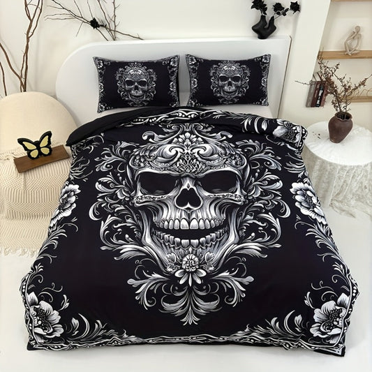 Skull Duvet Cover Set 3pcs – Gothic Victorian Baroque Black & White Skull Bedding with 2 Pillowcases, Digital Print Halloween Bedroom Decor (Twin, Full, Queen, King – No Insert)