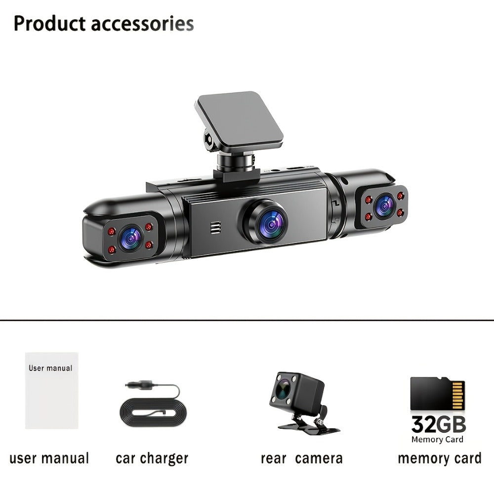 360° Panoramic Dash Cam 3 & 4 Lens 1080P HD Front + 720P Rear Left Right, Quad-Split Screen, HD Night Vision WDR G-Sensor Loop Recording, Full Coverage Car Camera, 32GB/64GB SD Card Options