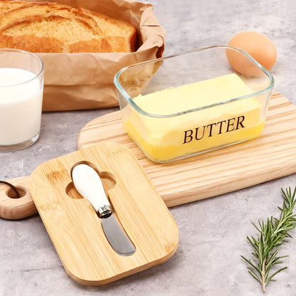 Transparent 1 lb Glass Butter Dish with Bamboo Lid, White-Handle Knife and Rectangular Food Container