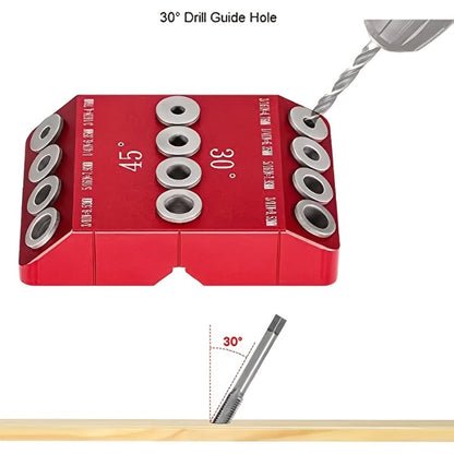 Multi-Angle Drill Guide Jig 30 45 90 Degree All-Metal for Cable Railing Lag Screw Installation Deck Stair Handrail Post Hole Drilling Precise Railing Setup Tool Red