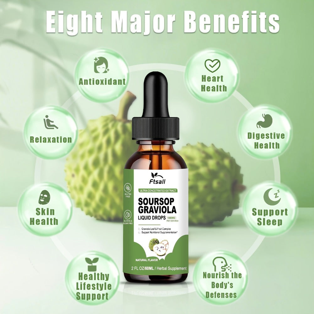Herbal Supplement with Ftsall Label, Soursop Graviola Liquid Drops 1800mg per Serving, 2 fl oz, One to Three Packs
