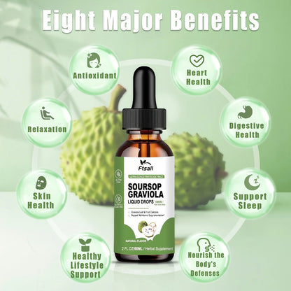 Herbal Supplement with Ftsall Label, Soursop Graviola Liquid Drops 1800mg per Serving, 2 fl oz, One to Three Packs