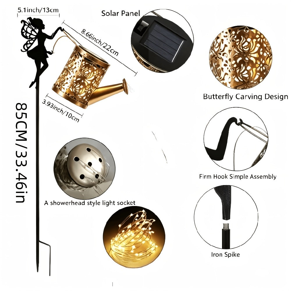 Solar Garden Lights 2-Piece Watering Can Waterfall String Lights, IP65 with Ground Stakes Set