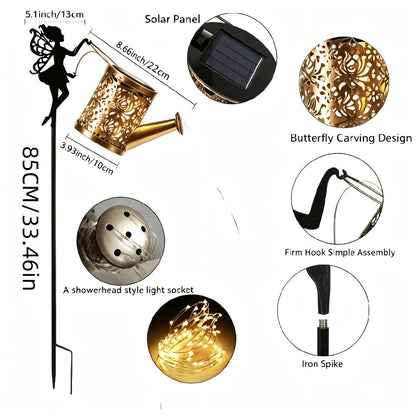 Solar Garden Lights 2-Piece Watering Can Waterfall String Lights, IP65 with Ground Stakes Set