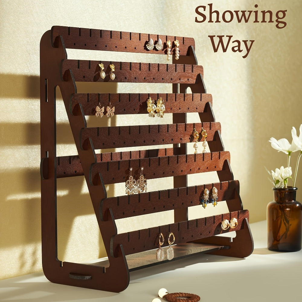 Jewelry Organizer Multi-Grid Brown Tabletop Display Stand with Detachable Panels for Earrings and Rings
