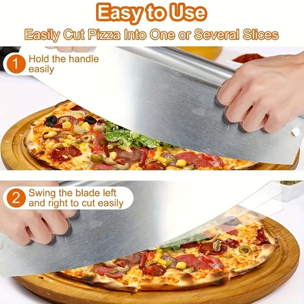 Half-Moon Rocker Kitchen Knife with Cylindrical Top Handle and Black Perforated Blade Cover