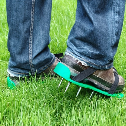 Lawn Aerator Shoe Pair with Green Platforms, Adjustable Black Straps and Spiked Soles for Walking Use
