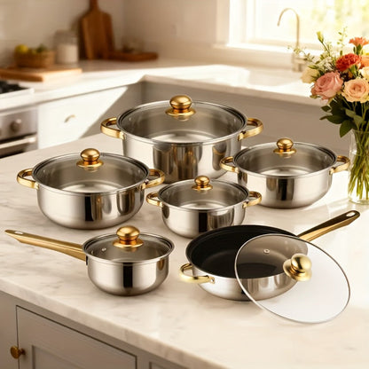 Stainless Steel Non-Stick Cookware Set 10/12pcs, 316 Grade Steel Frying Pan, Stockpot & Milk Pot with Lid