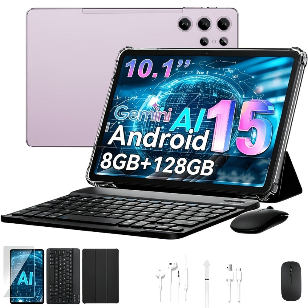 Android Tablet 10.1-Inch with Android 15, 8GB RAM, 128GB Internal Storage and Keyboard Case Bundle