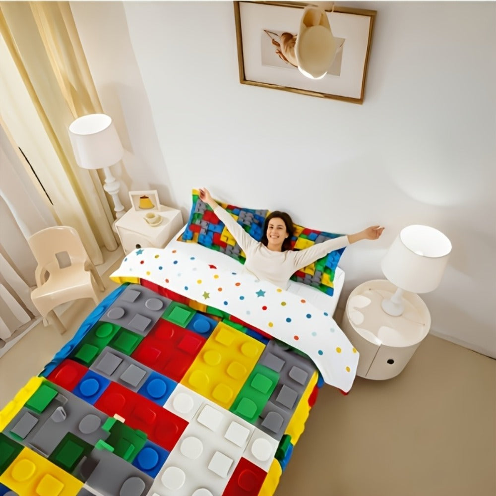 Building Block Duvet Cover Set with Multicolor Brick Print, Zipper Closure and Twin to King Sizes