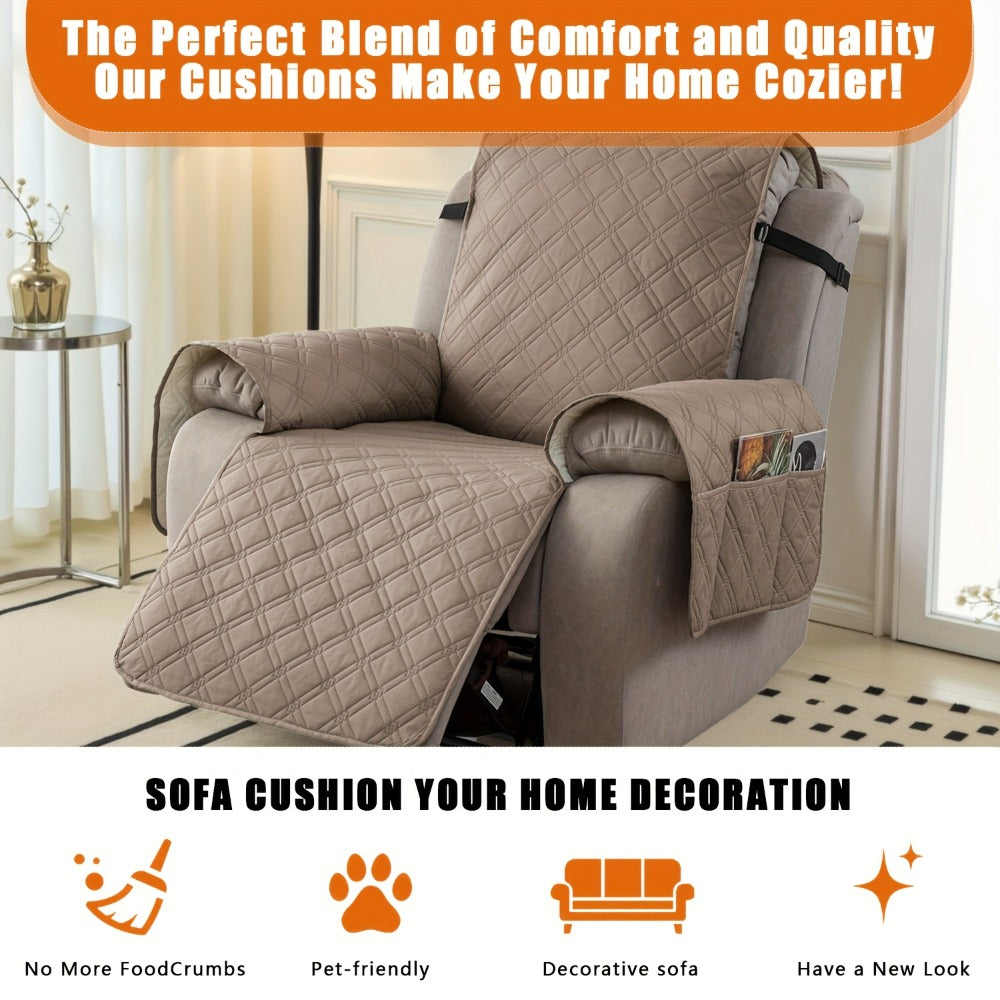 Quilted One-Piece Recliner Chair Cover with Side Pockets, Back Buckle Strap and 11 Color Options