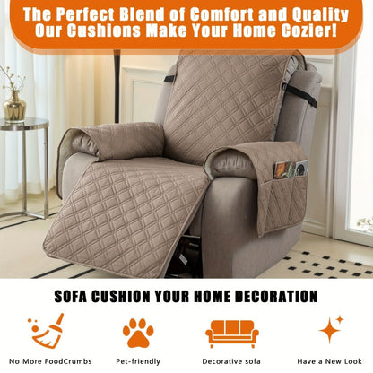 Quilted One-Piece Recliner Chair Cover with Side Pockets, Back Buckle Strap and 11 Color Options