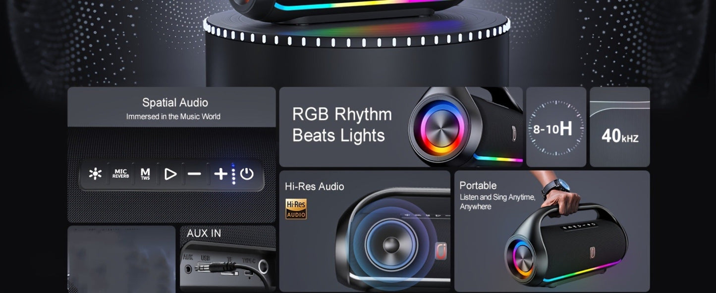JYX D20 Portable Bluetooth Boombox Speaker with 3D Surround Sound, RGB Disco Lights, Deep Bass Boost, TWS Stereo, 8-10H Playtime, MicroSD USB AUX for Outdoor Party, Camping & Indoor Use
