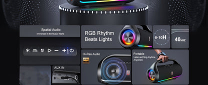 JYX D20 Portable Bluetooth Boombox Speaker with 3D Surround Sound, RGB Disco Lights, Deep Bass Boost, TWS Stereo, 8-10H Playtime, MicroSD USB AUX for Outdoor Party, Camping & Indoor Use