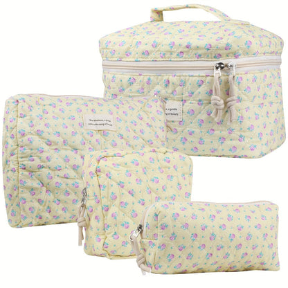 Makeup Bag – Quilted Makeup Bag Set 4-Piece Floral Rose Coquette Aesthetic Premium Cotton Cosmetic Organizer Travel Toiletry Pouch 4…
