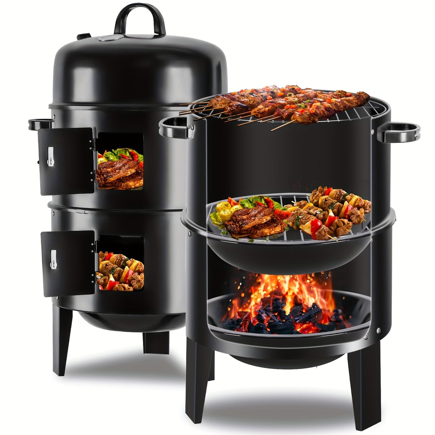 Charcoal Smoker Grill 16 Inch Vertical 3-Tier with Easy Temperature Control, Portable Outdoor Smoker for Simultaneous Smoking Grilling Cooking, Backyard Camping BBQ