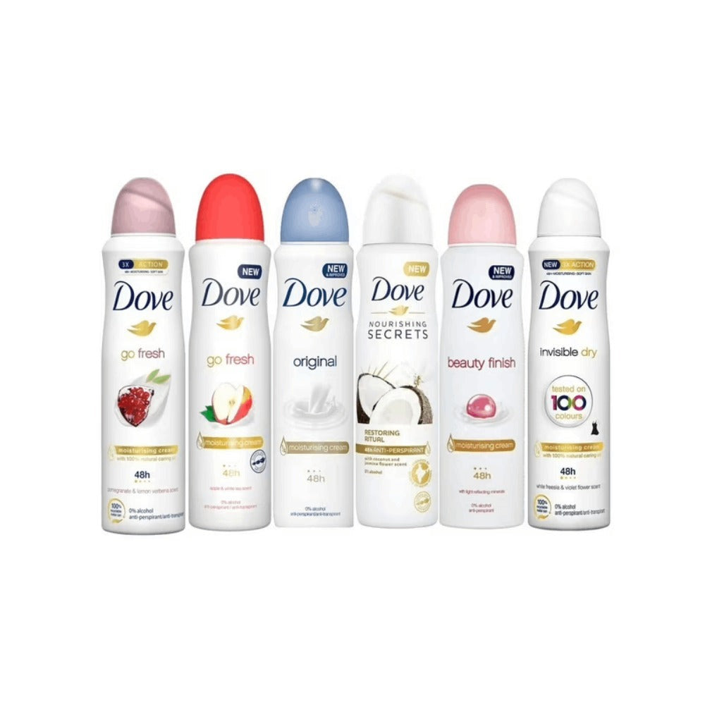 Dove Advanced Care Deodorant Spray Assortment, 150 ml Cans with Three-, Six- or Twelve-Count Options
