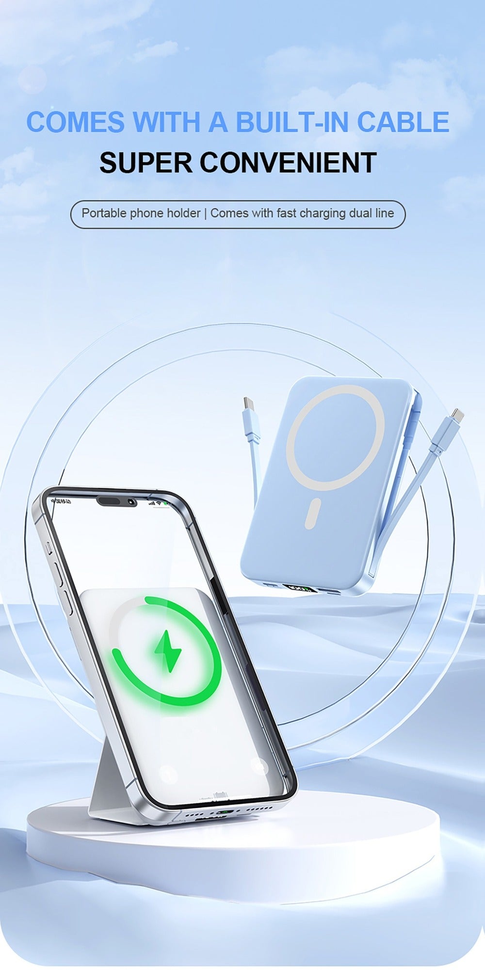 Power Bank 10000mAh Magnetic 15W Wireless and 22.5W Wired with Built-In Cables, Stand and Display