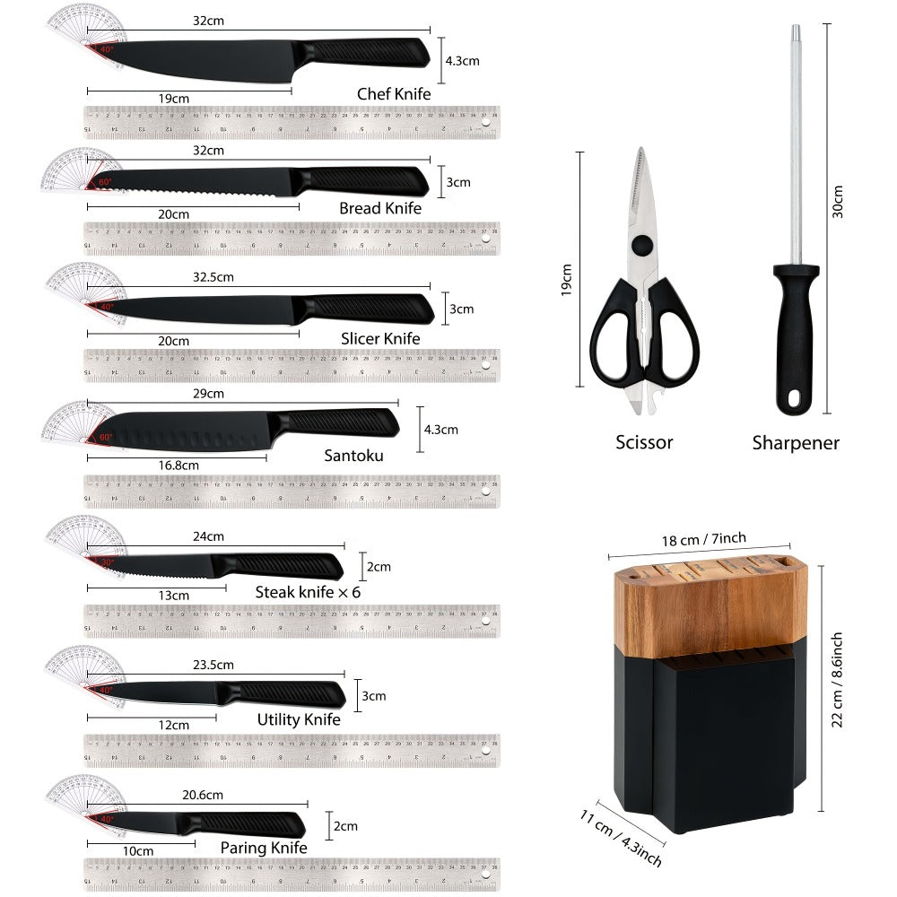 Kitchen Knife Set 15-Piece Hammered Stainless Steel with Steak Knives and Self-Sharpening Wood Block