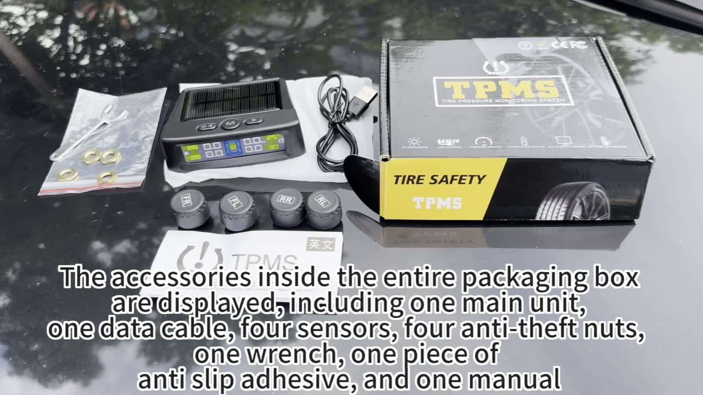 TPMS Tire Pressure Monitoring System – Wireless Solar & USB Powered, External Sensors, Universal Fit for 36V & Below Vehicles, Model T12
