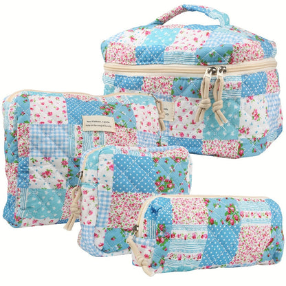 Makeup Bag – Quilted Makeup Bag Set 4-Piece Floral Rose Coquette Aesthetic Premium Cotton Cosmetic Organizer Travel Toiletry Pouch 4…