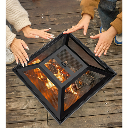 18.5-Inch Black Square Fire Pit and Grill with Mesh Pyramid Cover, Cooking Grate and Long Poker