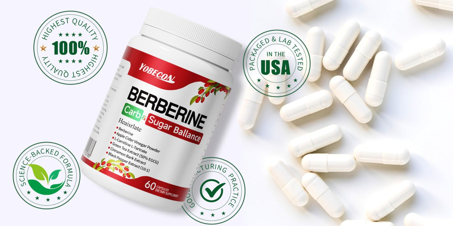 Dietary Supplement Berberine Capsules with Apple Cider Vinegar, Cinnamon and Green Tea, 60 Count