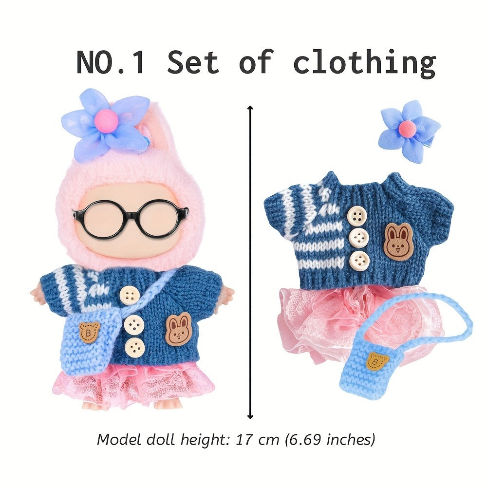 Three-Set Doll Clothes Collection for 17cm Plush Dolls with Knit Tops, Tulle Skirts, Hair Accents and Bags