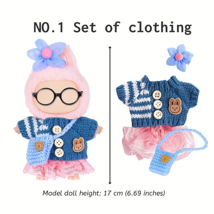 Three-Set Doll Clothes Collection for 17cm Plush Dolls with Knit Tops, Tulle Skirts, Hair Accents and Bags