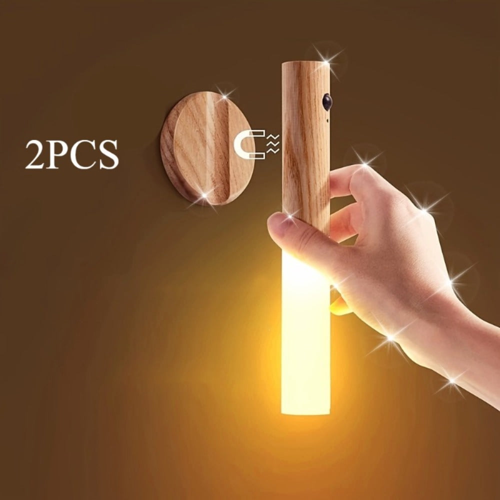Night Light Motion Sensor Wall Lamp 2-Pack with USB Rechargeable Power, Magnetic Mount and Two Wood-Tone Finishes