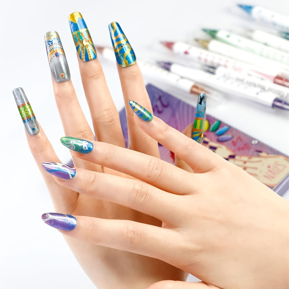 3D Nail Art Pens 10 Colors Double Ended Metallic Acrylic Paint Set – Quick Dry Fine Liner & Dotting Tip Graffiti Drawing Nail Marker for Salon & DIY Home Nail Design, Raised Effect