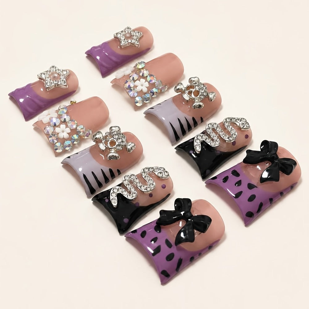 Leopard Skull Press On Nails Short Duckbill 10pcs – Handmade Rhinestone Zebra Bowknot Snake Acrylic Nail Kit with Tools | Edgy Party Daily Wear Nail Art for Women S M L 2026 Trends