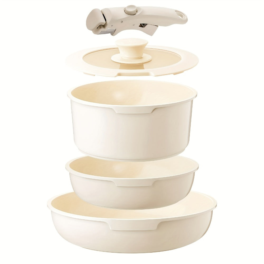 Nonstick Cookware Set 5-Piece Detachable Handle Aluminum Pots and Pans – Space-Saving Stackable Induction Compatible | 8 & 10 Inch Frying Pan Soup Pot Universal Lid | White Pink Beige Coral Pink