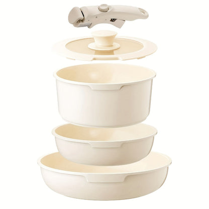 Nonstick Cookware Set 5-Piece Detachable Handle Aluminum Pots and Pans – Space-Saving Stackable Induction Compatible | 8 & 10 Inch Frying Pan Soup Pot Universal Lid | White Pink Beige Coral Pink